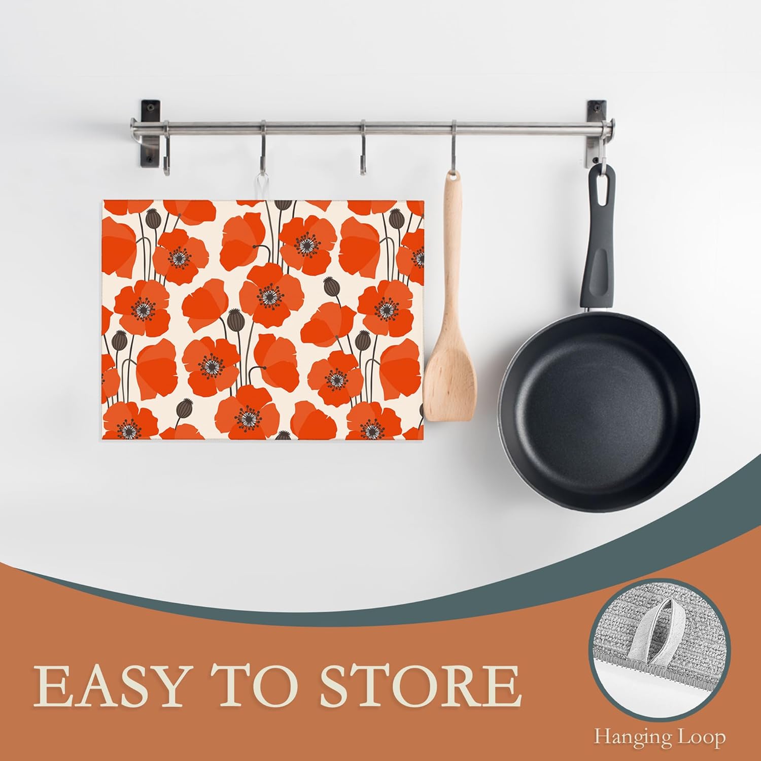 UIUPRO Tapete de secado de platos con flores de amapola roja para decoración de encimera de cocina, almohadilla de secado de platos, almohadilla
