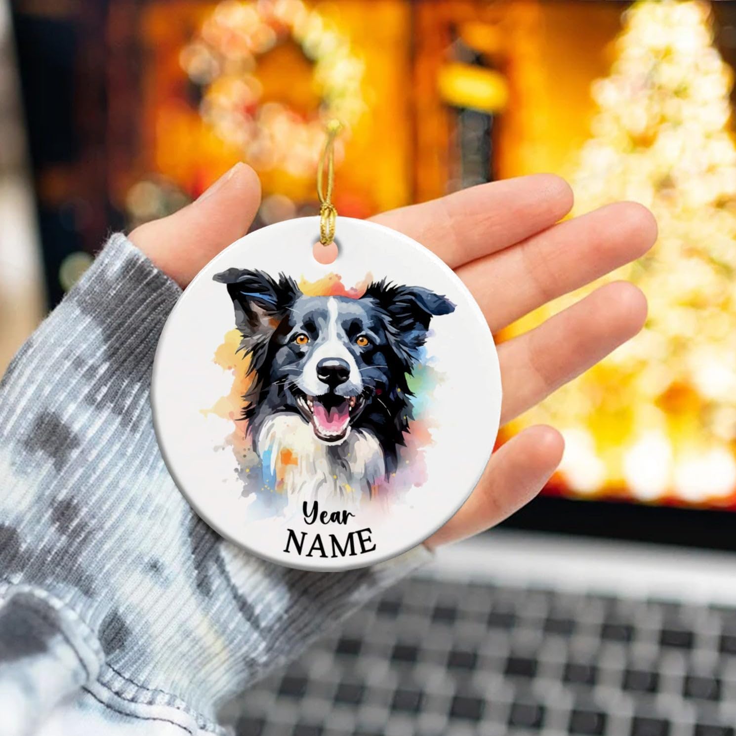 Adorno personalizado de cerámica para perro Border Collie, adorno personalizado para primera Navidad para perro con nombre y año, adorno de Navidad