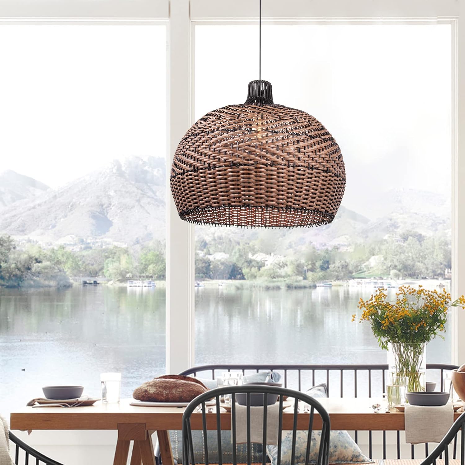 Arturesthome Lámpara colgante de ratán para isla de cocina, candelabro de mimbre, pantalla de iluminación de techo colgante tejida hecha a mano,