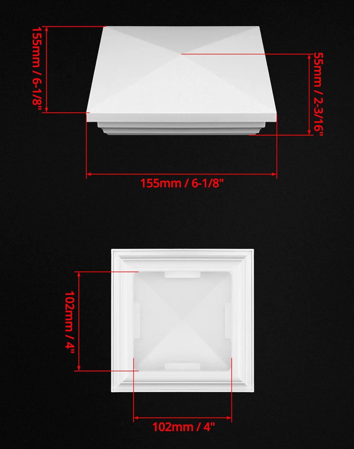 QWORK Tapón para poste de valla de vinilo, paquete de 4 cubiertas superiores de PVC de 4 x 4 pulgadas, cubierta superior para poste de valla