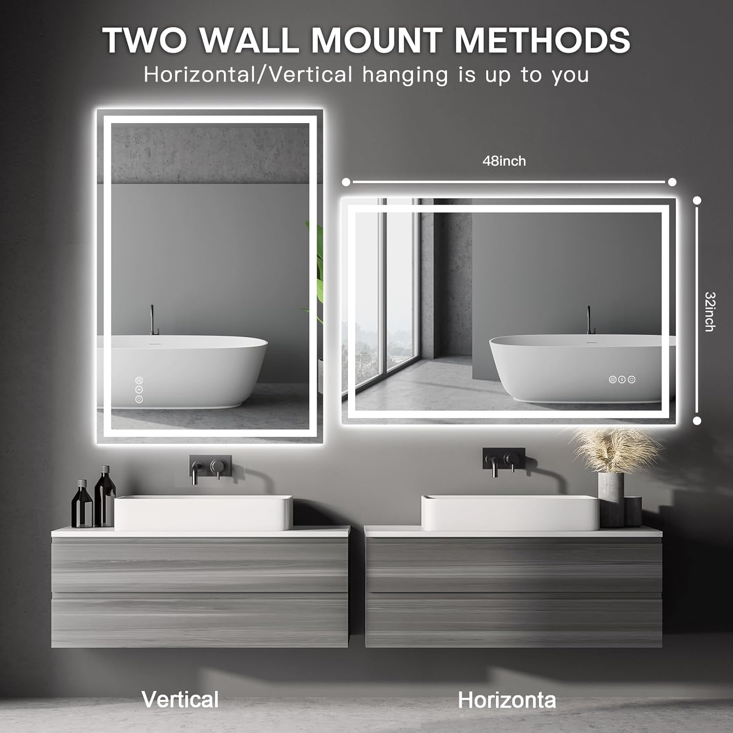 Dripex Espejo de baño LED de 48 x 32 pulgadas, espejo de maquillaje antivaho montado en la pared con 3 luces de color, espejo LED impermeable