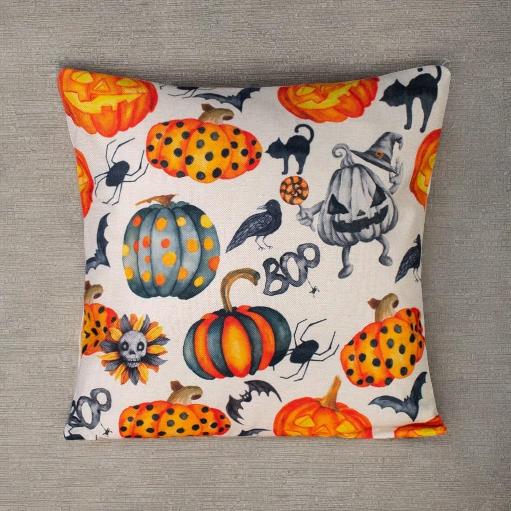 Gesyesor Fundas de almohada decorativas de Halloween de 18 x 18 pulgadas, diseño de calabaza, naranja y negro, funda de almohada de lino para sofá