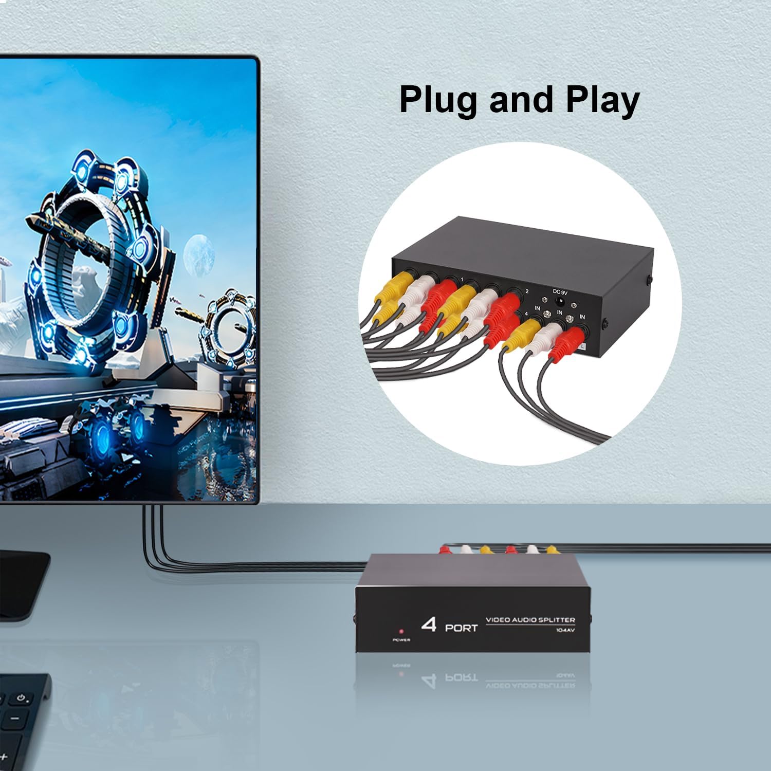 Divisor RCA de 4 vías, 1 en 4 salidas AV Splitter, Audio Compuesto Video LR Caja de distribución para DVD DVR HDTV Monitor PC