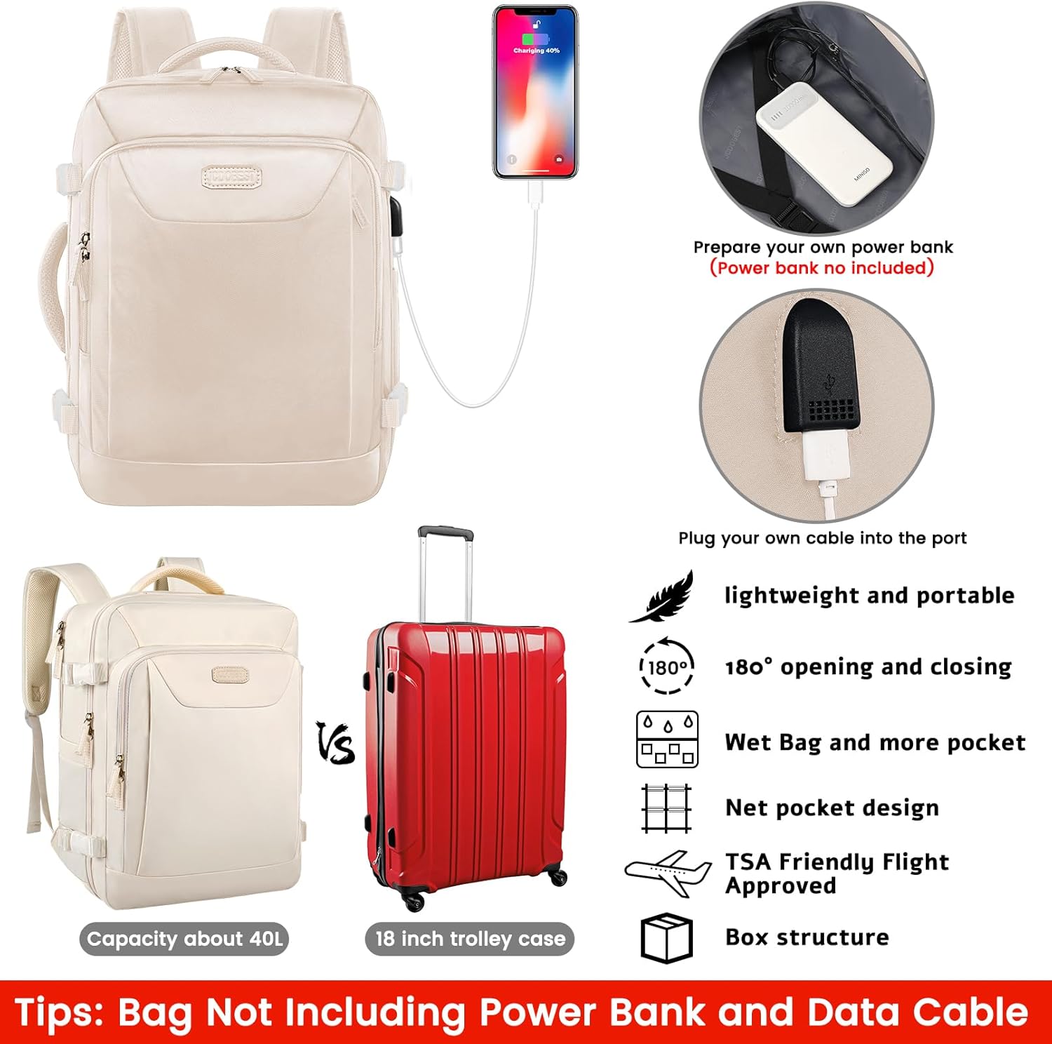 JCDOBEST Mochila de viaje grande, mochila de mano aprobada por vuelo para hombres y mujeres, mochila grande de senderismo, Beige, Mochila de viaje