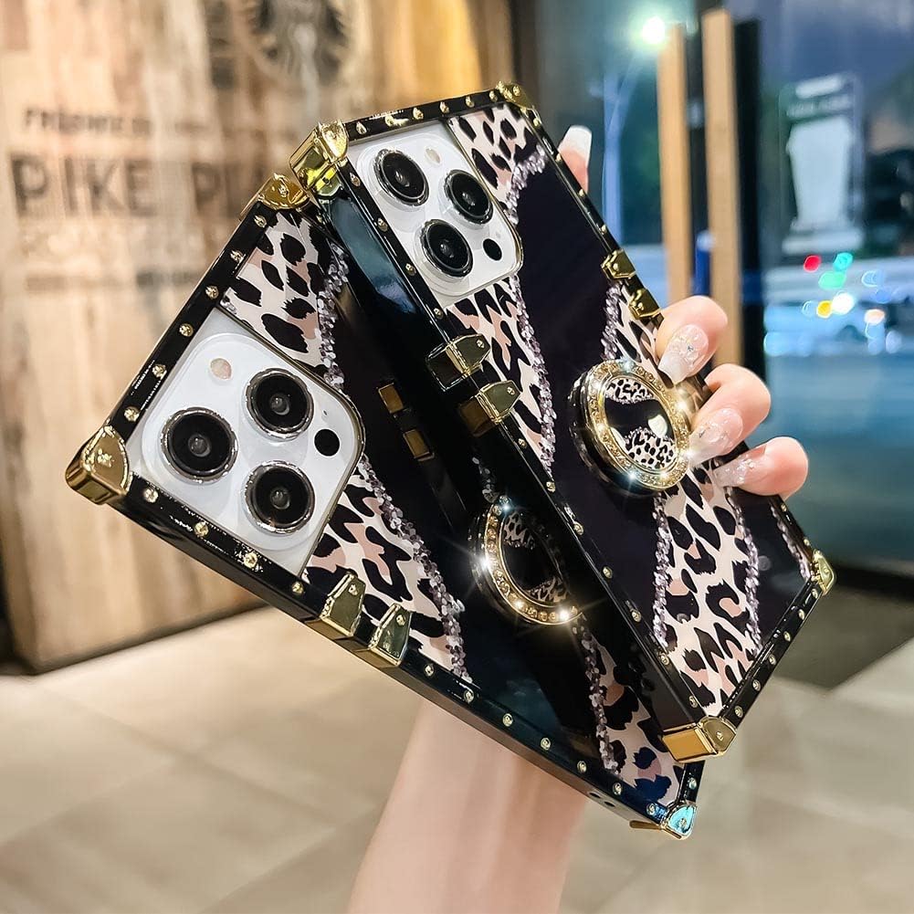 Funda cuadrada de lujo compatible con iPhone 15 Pro de 6.1 pulgadas, funda con soporte de diamante de leopardo, silicona suave y brillante a prueba