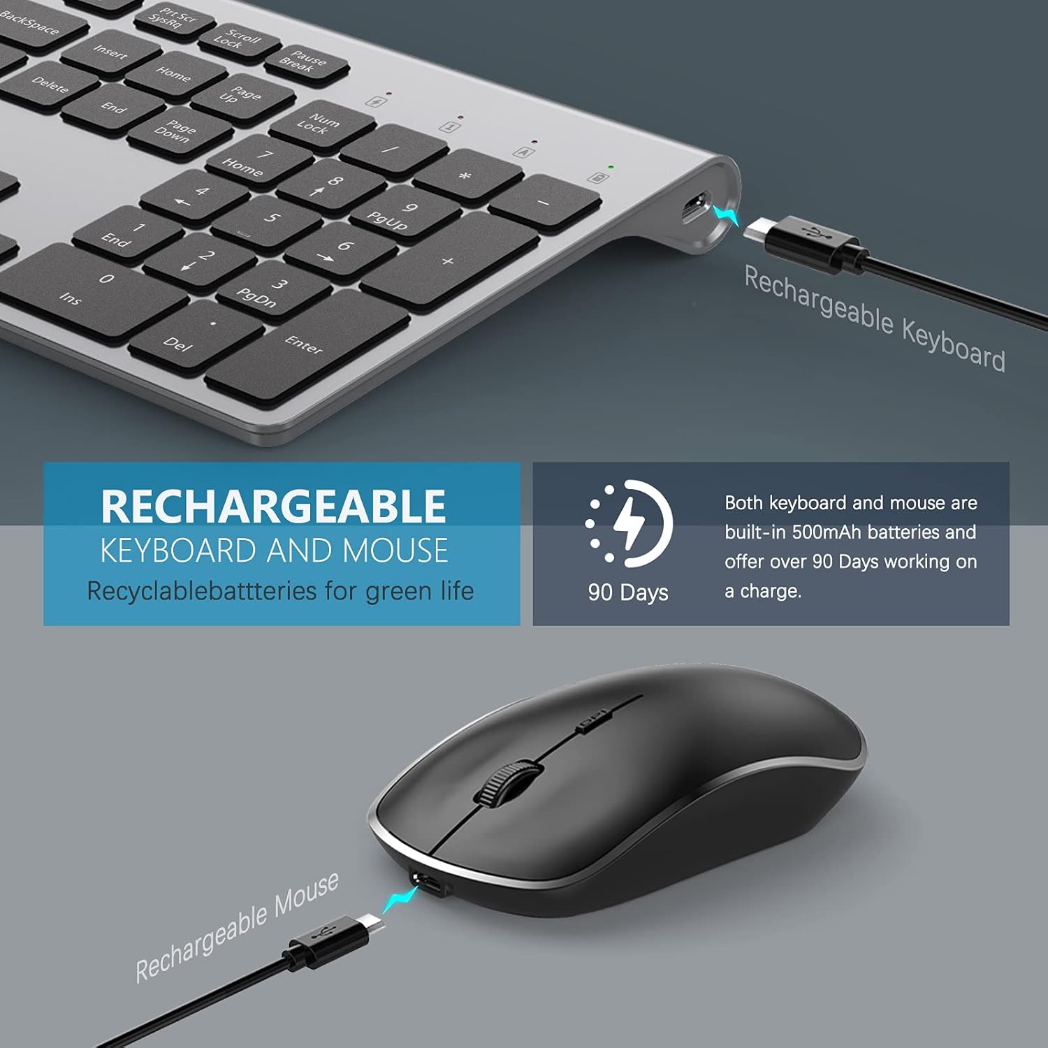 J JOYACCESS – Teclado inalámbrico recargable de tamaño completo de 2.4 G con batería de larga duración, diseño ergonómico y compacto para laptop,