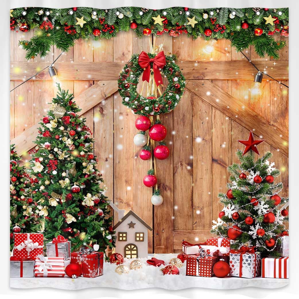 Hjokiupt Cortina de ducha de Navidad de granja, regalo de árbol de Navidad de invierno, decoración del hogar, puerta de granero de madera, cortinas