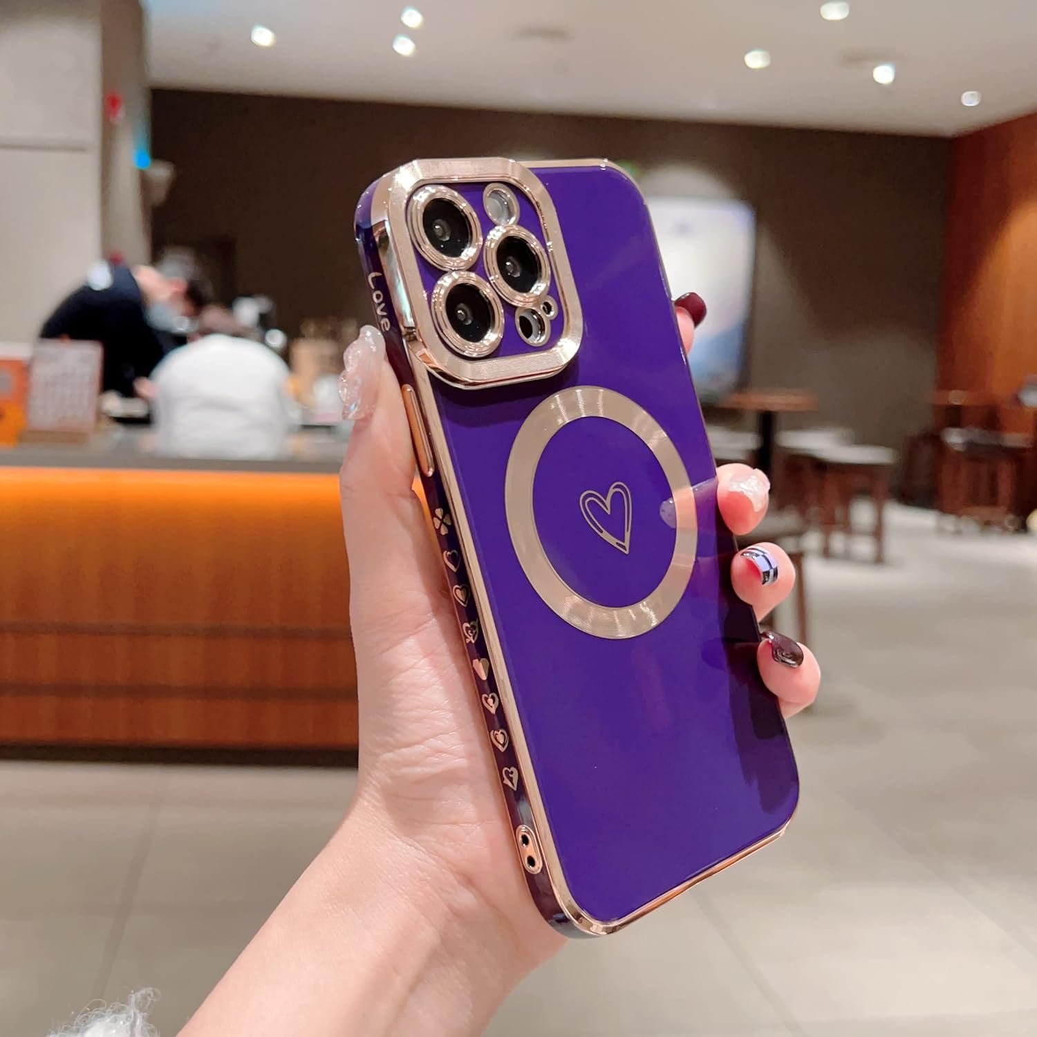 YKCZL Funda compatible con iPhone 13 Pro con MagSafe, funda magnética de lujo chapado en forma de corazón lindo y protección completa de lente de