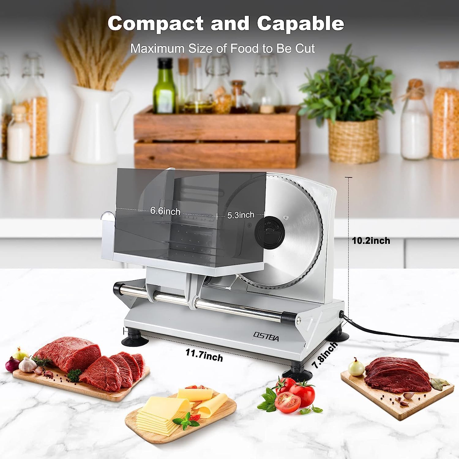 OSTBA – Rebanadora eléctrica de carne con dos cuchillas extraíbles de acero inoxidable y carro de alimentos, cortador de carne de grosor ajustable