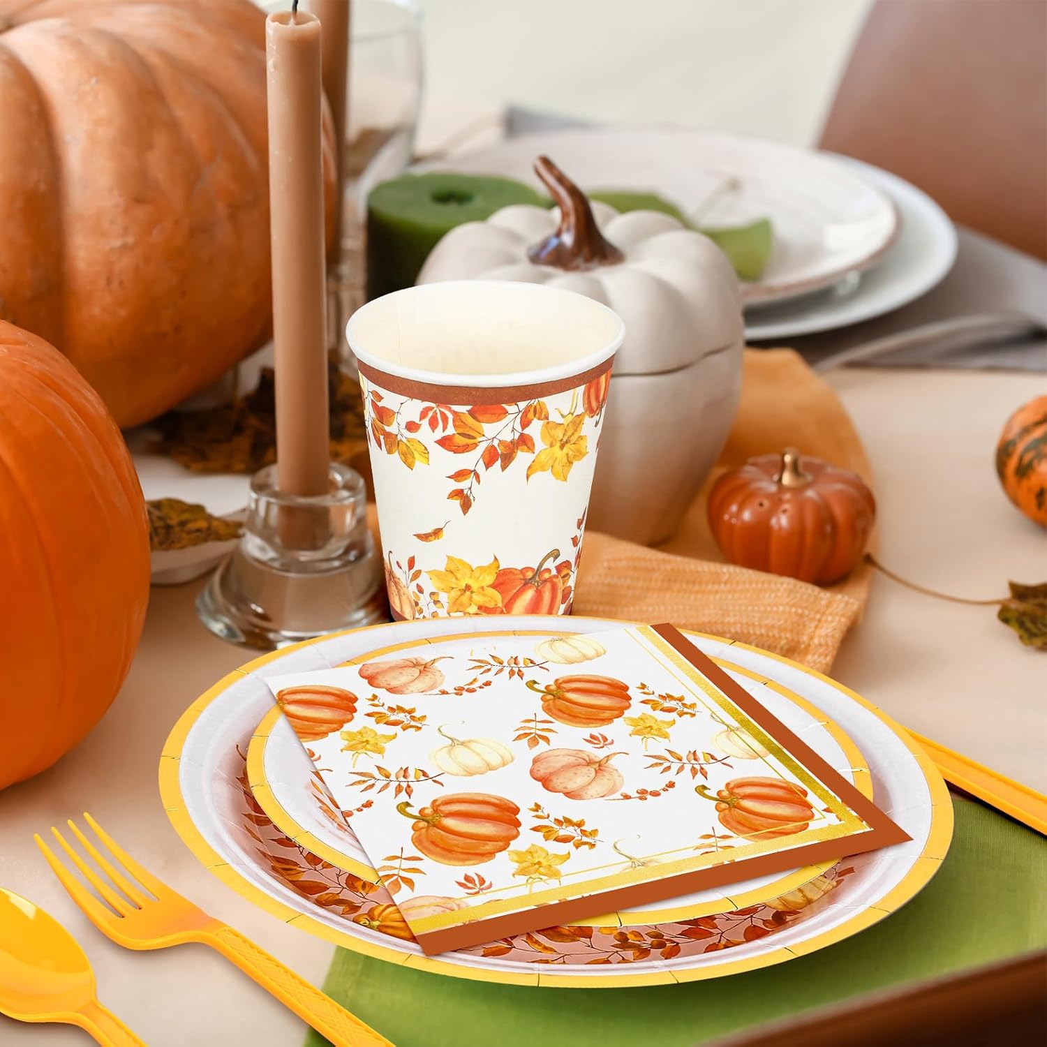 Whaline Juego de vajilla desechable de 175 piezas de otoño para 25 invitados, platos de papel, tazas, cuchillo, tenedor, cuchara y servilletas,