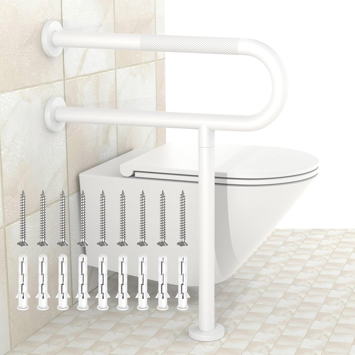 Riel de soporte de inodoro blanco de 23.4 x 28 pulgadas, barra de agarre antideslizante de piso a pared para baño, pasamanos de seguridad moleteados