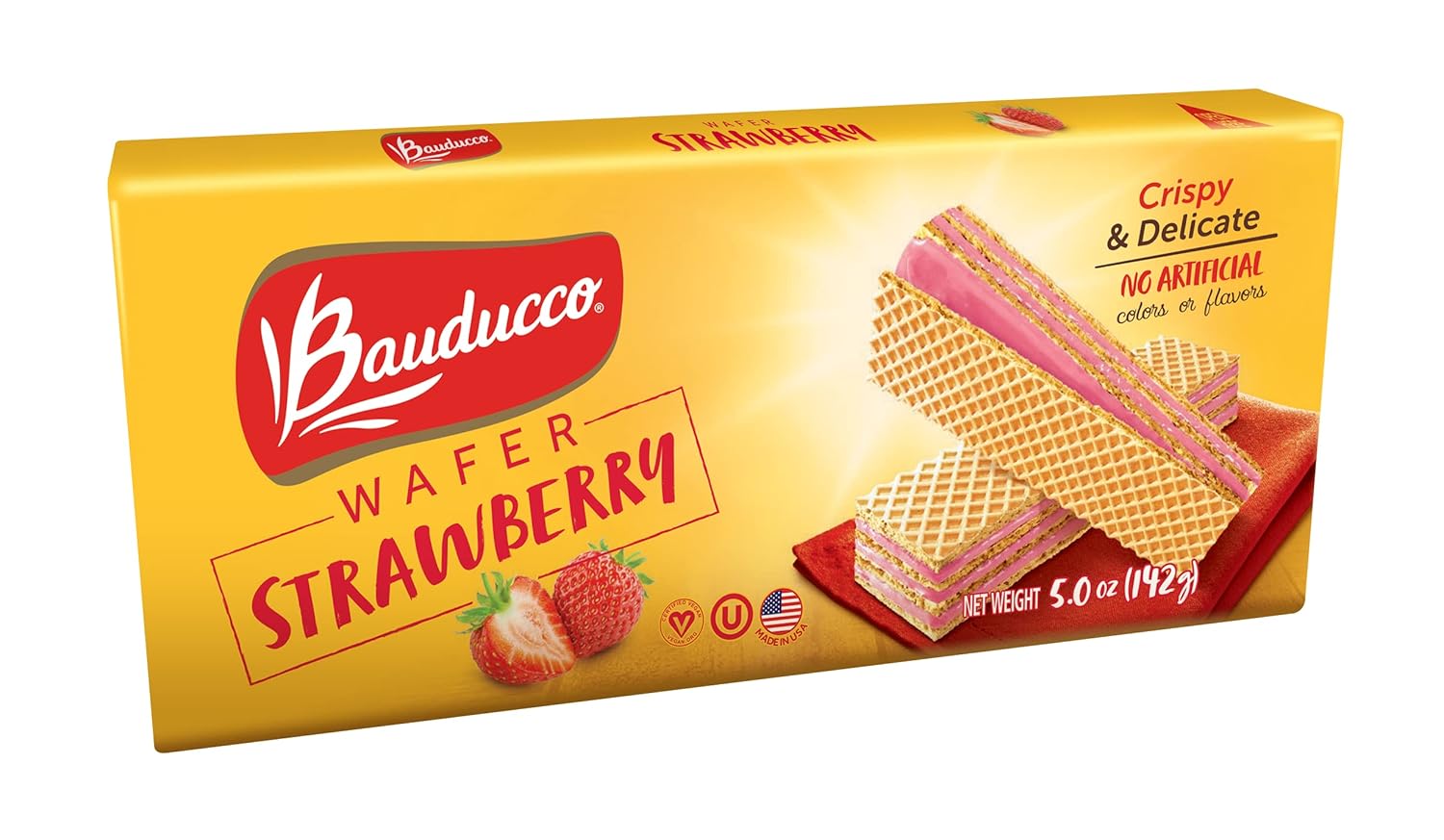 Bauducco Strawberry Wafers – Galletas crujientes de oblea con 3 deliciosas capas de crema con sabor a fresa, delicioso aperitivo dulce o desierto,