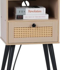 Conami Mesita de noche con estación de carga, mesita de noche con cajón de ratán, mesa auxiliar de ratán con espacio de almacenamiento de 2 niveles Conami Mesita de noche con estación de carga, mesita de noche con cajón de ratán, mesa auxiliar de ratán con espacio de almacenamiento de 2 niveles