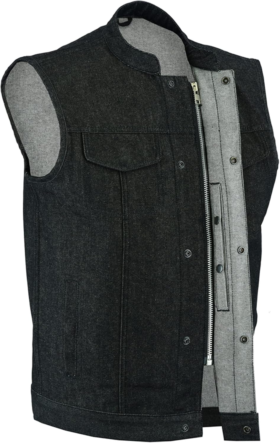 Daniel Smart Biker Vest for Men Rough Blue & Black Denim Vest with Unique Scoop Collar Design & Concealment Armory Pocket