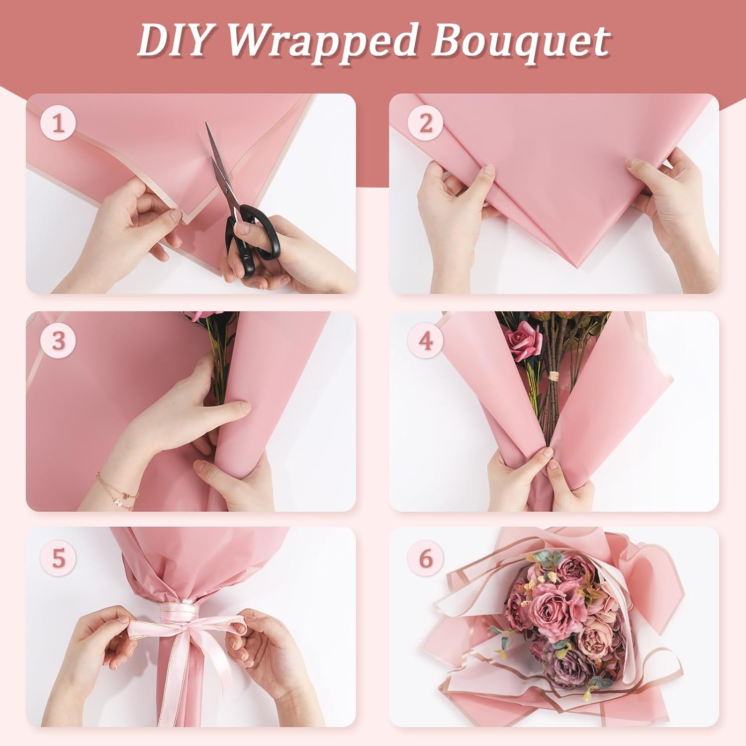 Whaline 60 hojas de papel de regalo floral de 6 colores con borde de oro rosa, papel de regalo de ramo de flores de doble cara para boda,