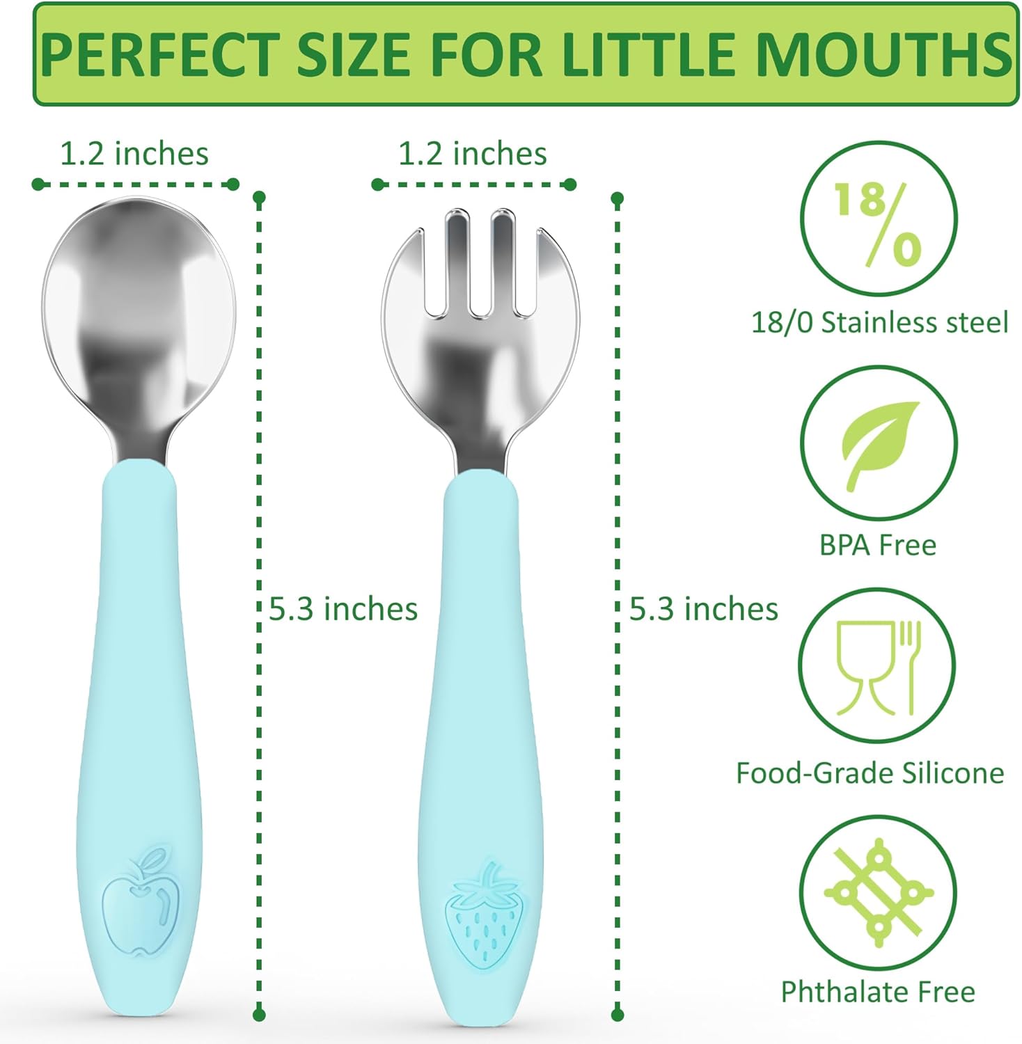 CHILLOUT LIFE Utensilios para niños pequeños, cubiertos para niños con mango de silicona, tenedores y cucharas de metal de acero inoxidable, seguro