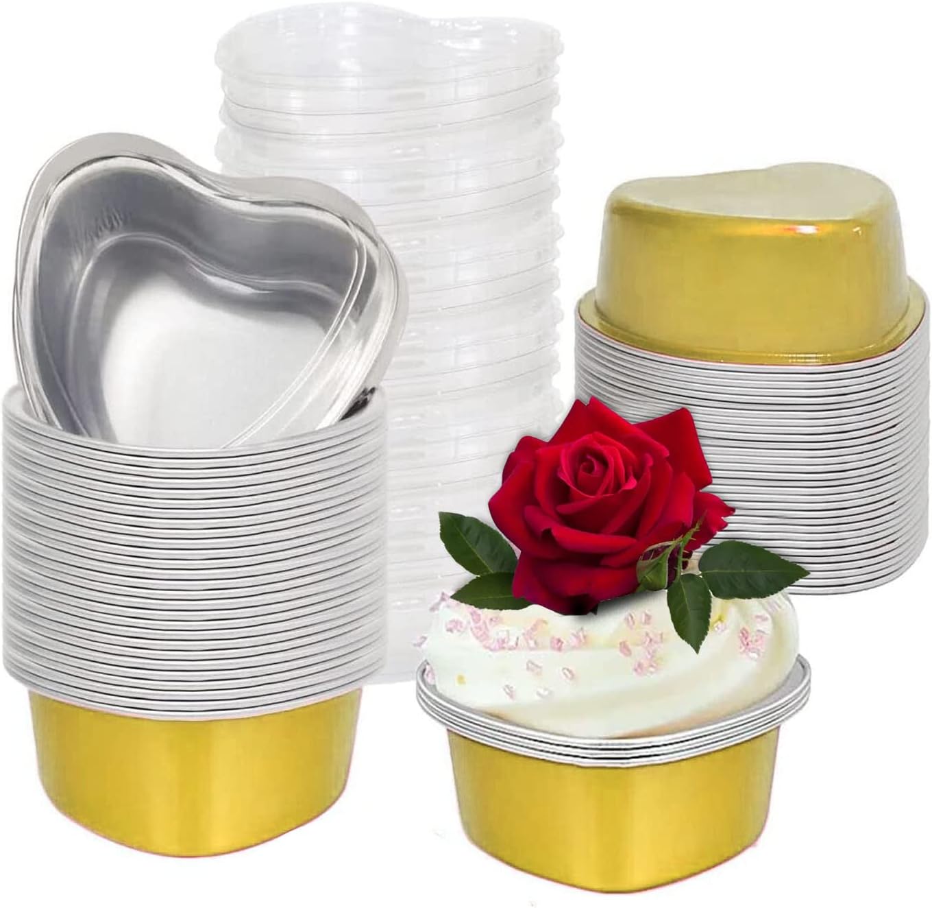 Paquete de 50 moldes de papel de aluminio en forma de corazón con tapas, 3.4 fl oz3.5 onzas, mini tazas desechables para hornear flan para postres,