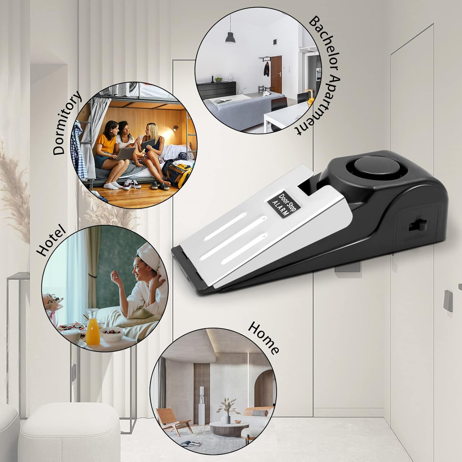 Alarma de tope de puerta con sirena de 120 dB, alarmas de puerta para seguridad en el hogar y viajes, tope de puerta de seguridad portátil con 3