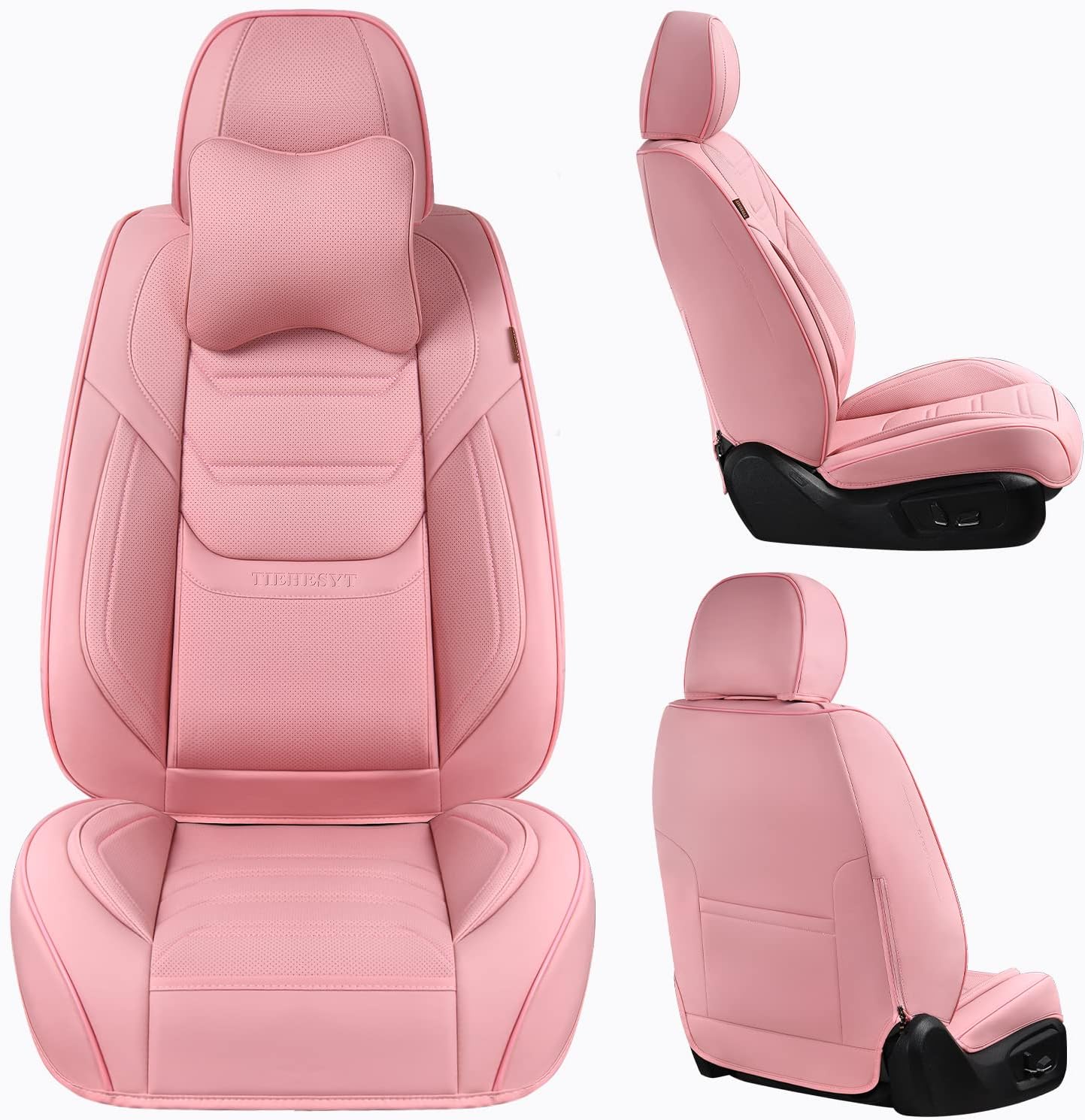 Fundas de asiento delantero de coche color rosa con reposacabezas, cuero transpirable, 1 par de ajuste universal para sedanes, SUV, camiones