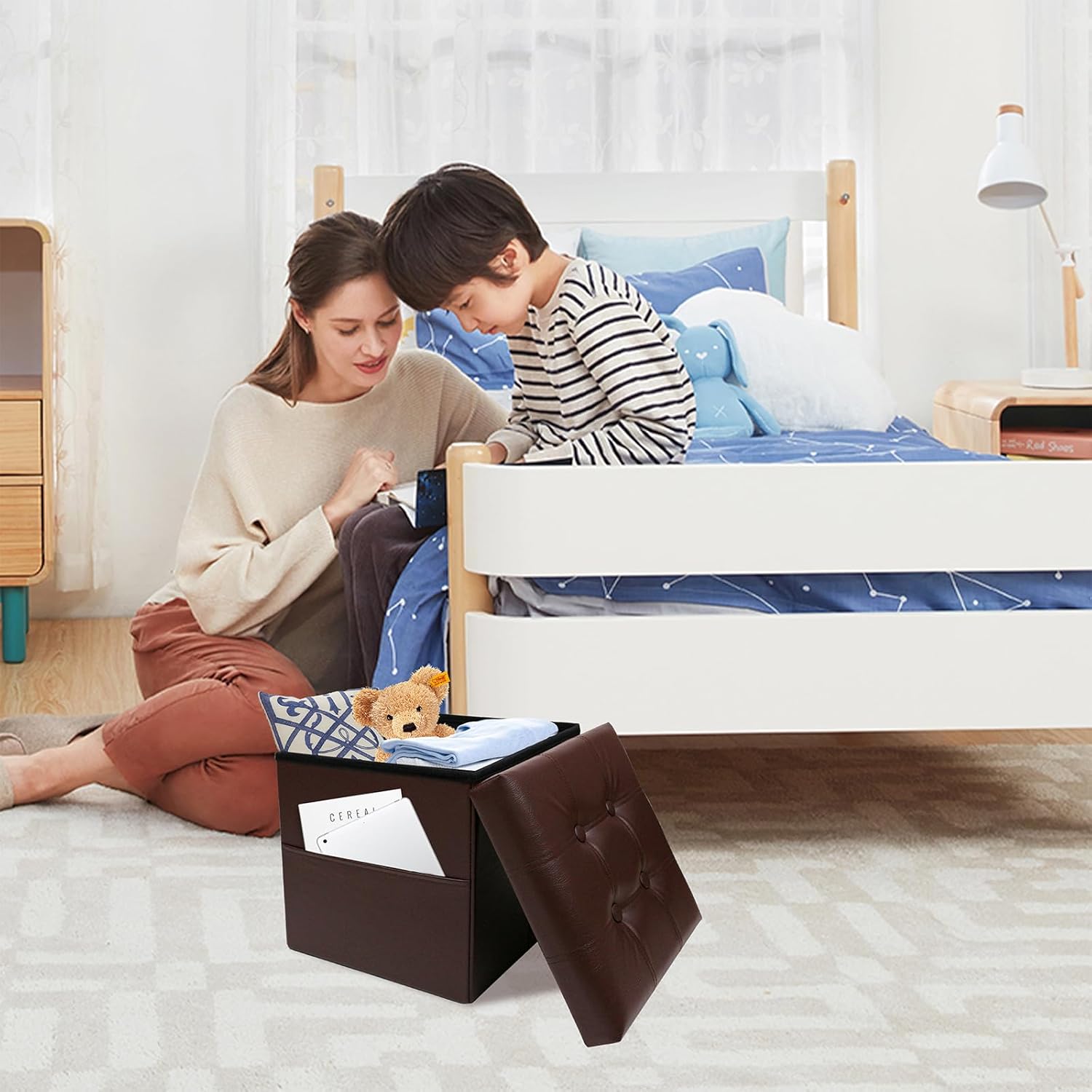 xuperbonus Otomana cuadrada de almacenamiento plegable de 15 pulgadas con bolsillo lateral, cubo de cuero marrón, reposapiés, asiento para