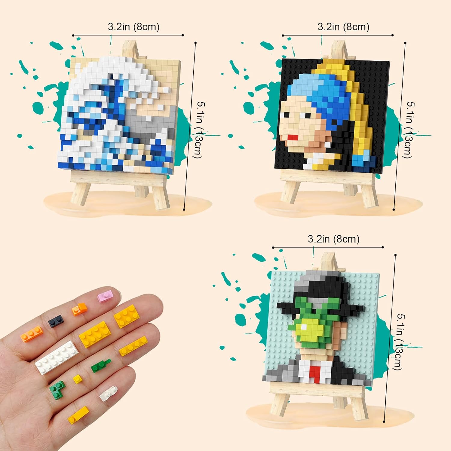 Juego de 3 bloques de construcción MOC de pintura de fama mundial, Kanagawa Surf & The Girl with the Pearl Earring & The Son of Man, con mini