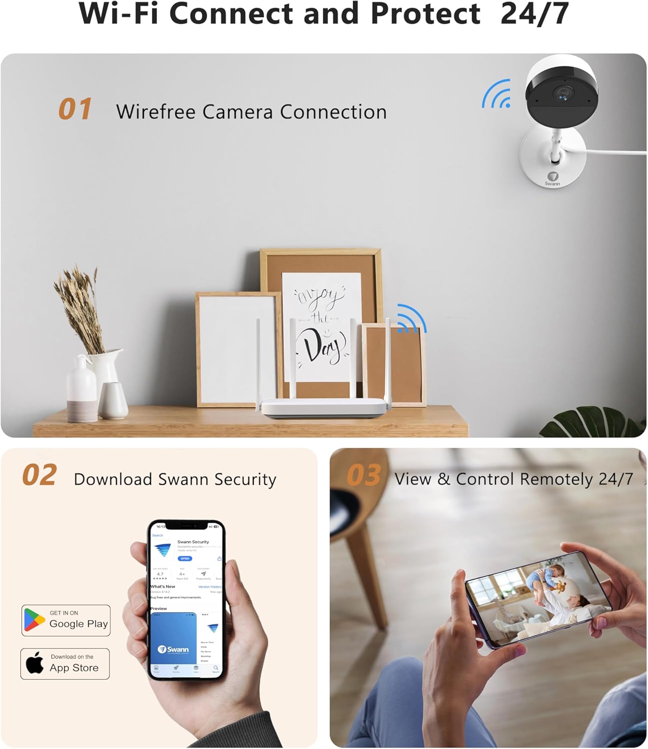 Swann Cámara de seguridad con monitor de bebé Wi-Fi, cámaras de vigilancia para el hogar 2K Quad HD con visión nocturna, conversación de 2 vías,