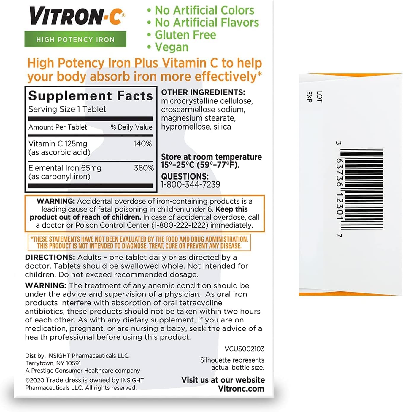 Vitron-C Suplemento de hierro de alta potencia con vitamina C, paquete de 4 (60 unidades cada uno) NmkSd