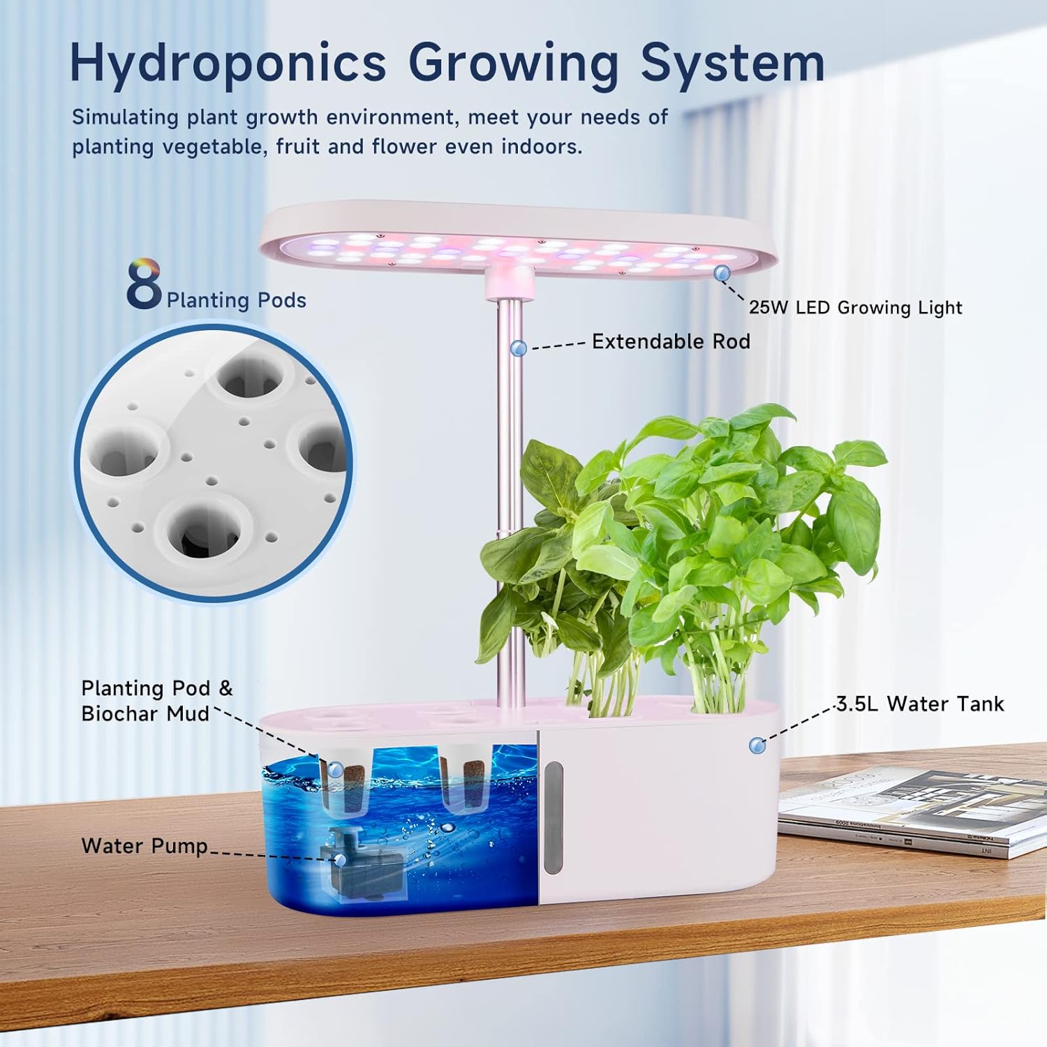 Sistema de cultivo hidropónico, 8 vainas, jardín de hierbas para interiores, kit de jardinería de cultivo de plantas, luz de crecimiento de plantas