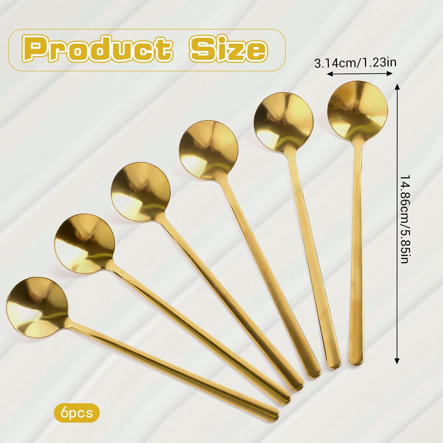 6 cucharas de café pequeñas, cucharaditas pequeñas de oro, cucharas largas para revolver, cucharas de té de acero inoxidable, cucharas redondas de