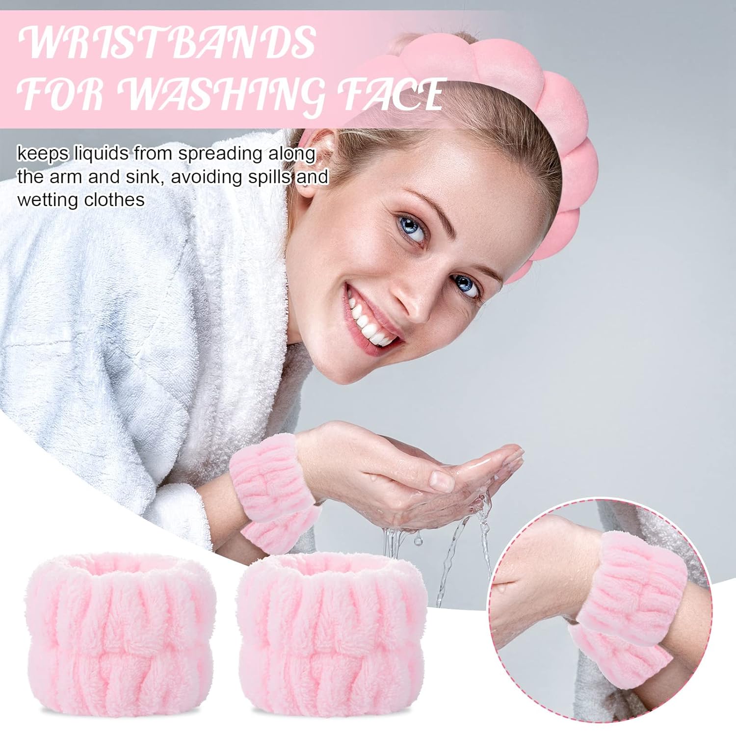 Diadema de esponja para spa, muñequera, bandas elásticas para lavado de cara, banda grande para el cabello de spa, toalla de lavado, muñequeras para