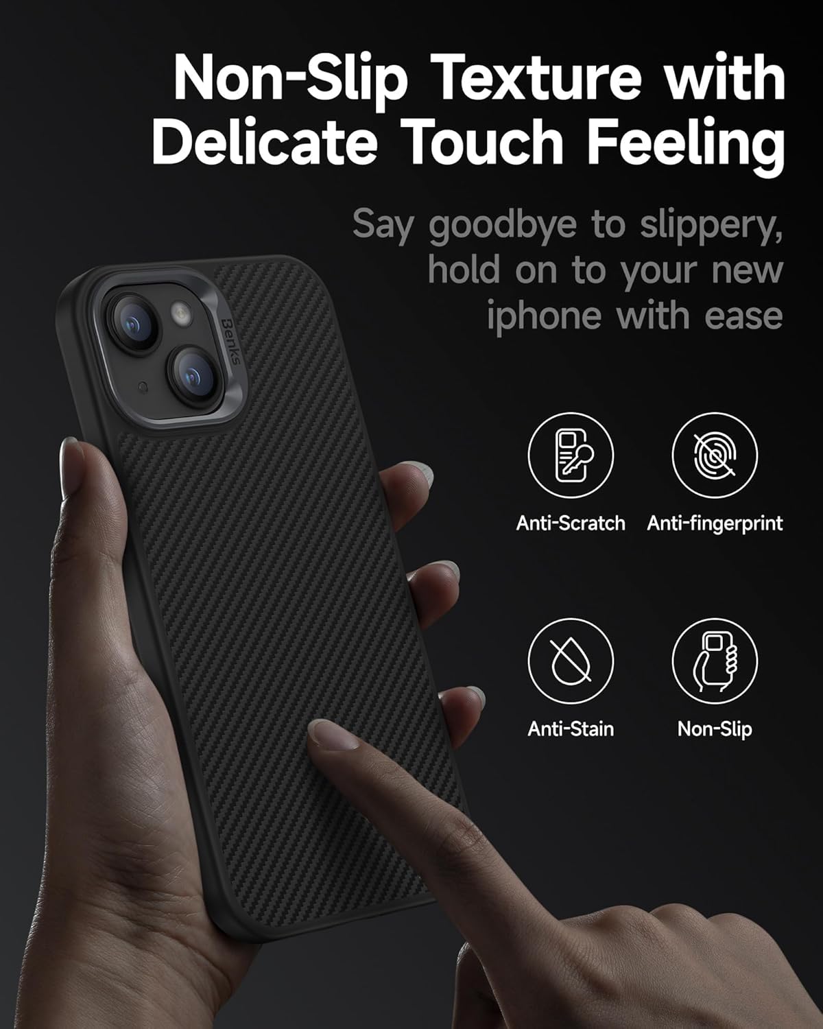 BENKS Funda para iPhone 15 Plus fabricada con fibra de aramida Kevlar 600D + banco magnético MagClap StandGo de 10000 mAh