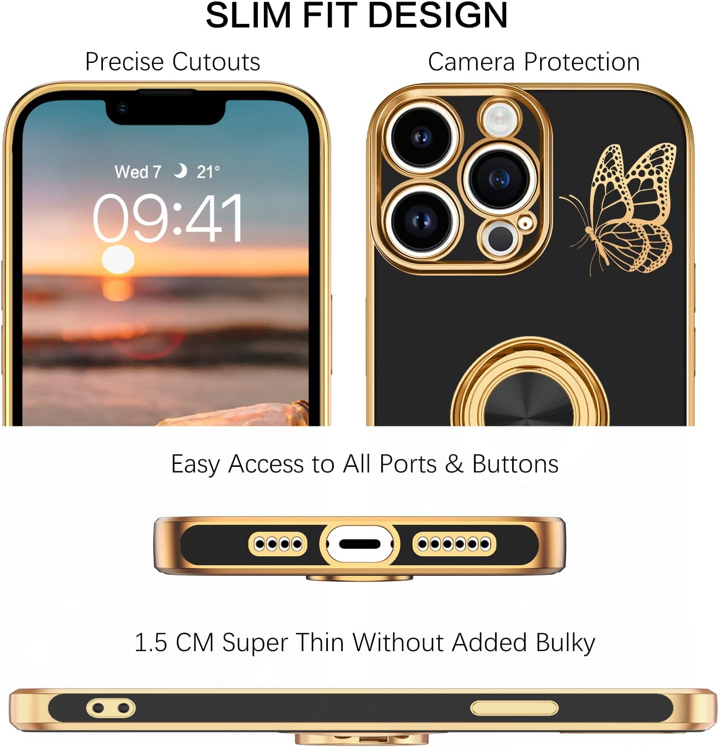 BENTOBEN Funda para iPhone 13 Pro Max, funda para teléfono iPhone 13 Pro Max, delgada y bonita mariposa chapada en 360, soporte magnético para