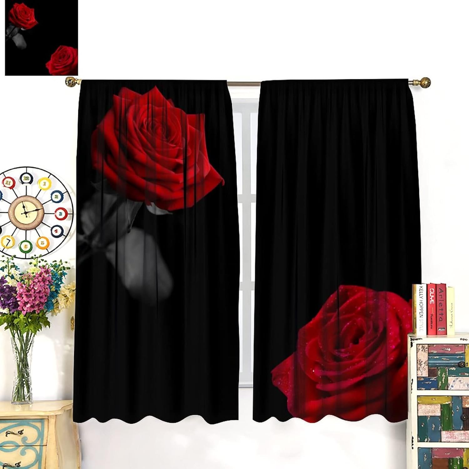 Cortinas de rosas rojas, románticas y florales con estampado 3D de rosas rojas para niñas, mujeres, dormitorio, sala de estar, cocina, decoración
