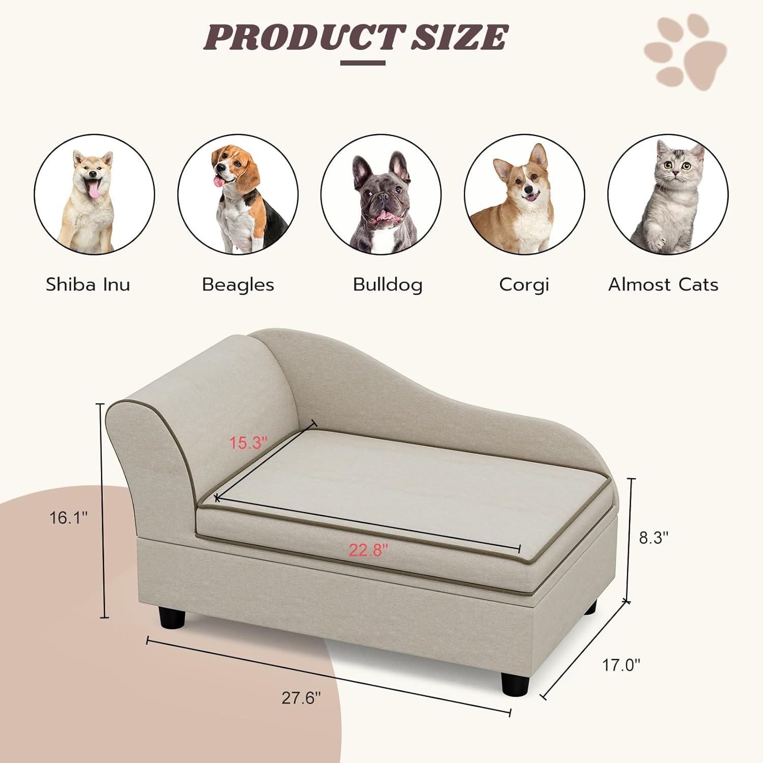 Sofá para mascotas, cómodo sofá de tela de lino para perros con caja de almacenamiento extraíble y lavable, sofá cama para perros pequeños y