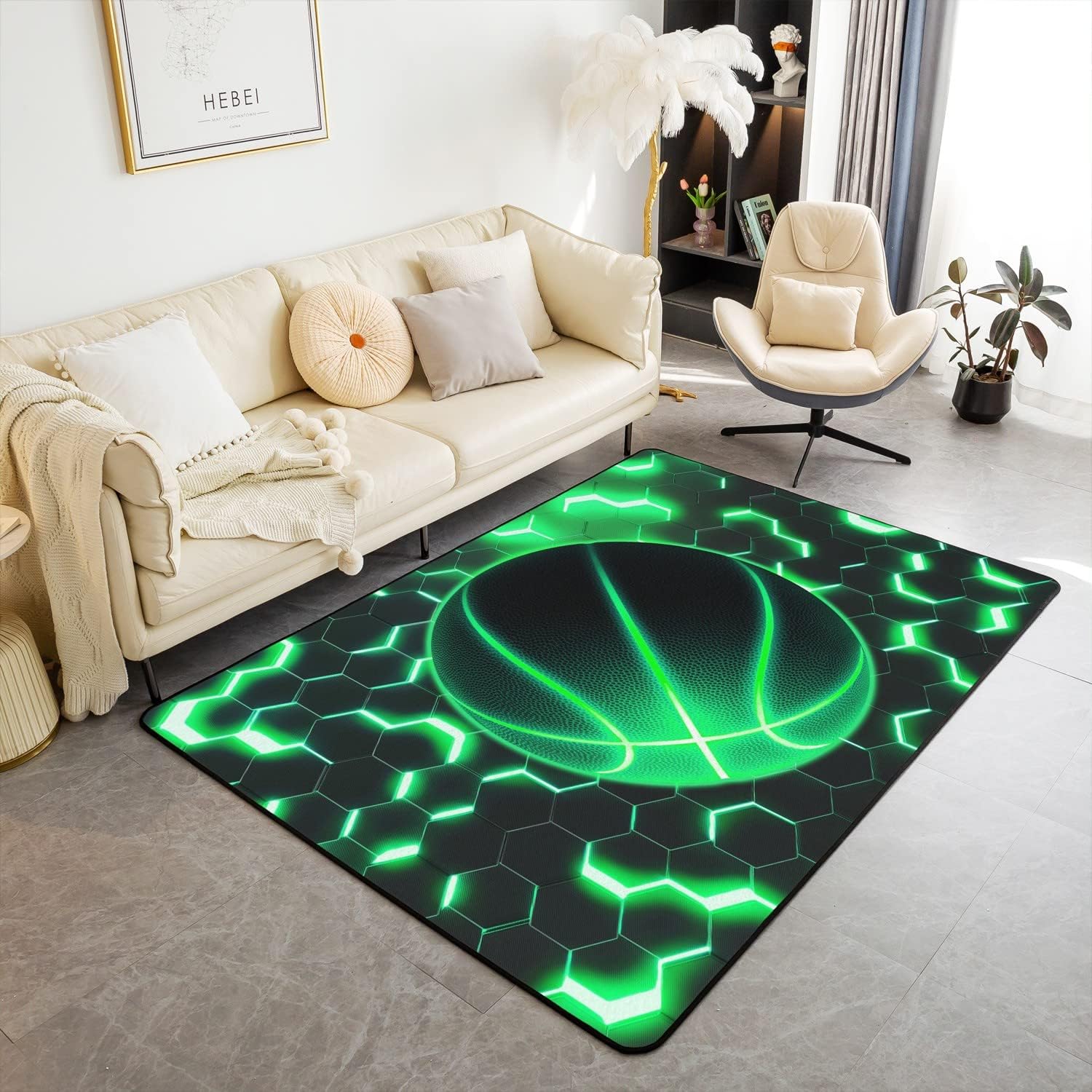 Alfombra de baloncesto de 3 x 5 pies, decoración temática deportiva de panal verde, alfombra que no desprende para niños, adolescentes y adultos,