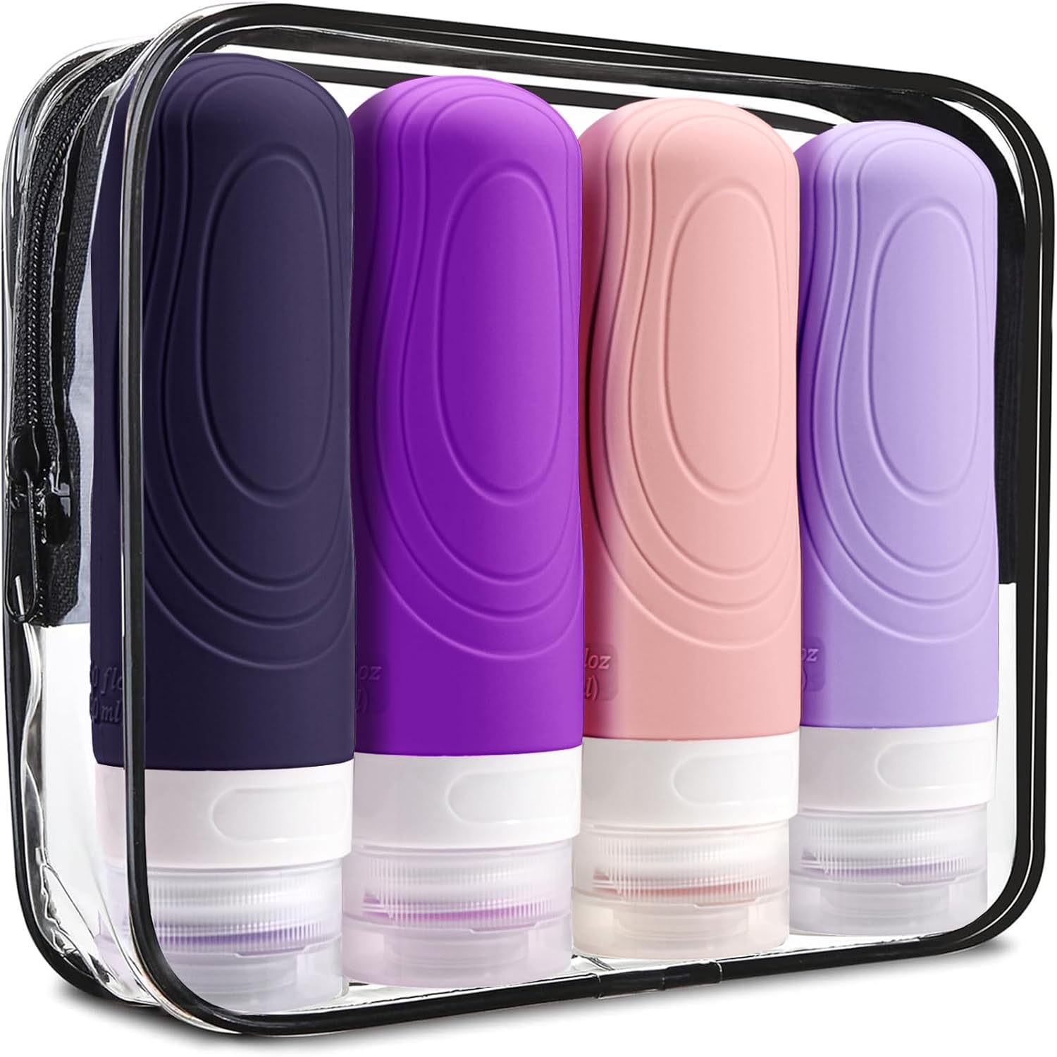 GLAMFIELDS Botellas de viaje para artículos de aseo personal, aprobadas por la TSA, recipientes de viaje de silicona a prueba de fugas, 3 onzas para