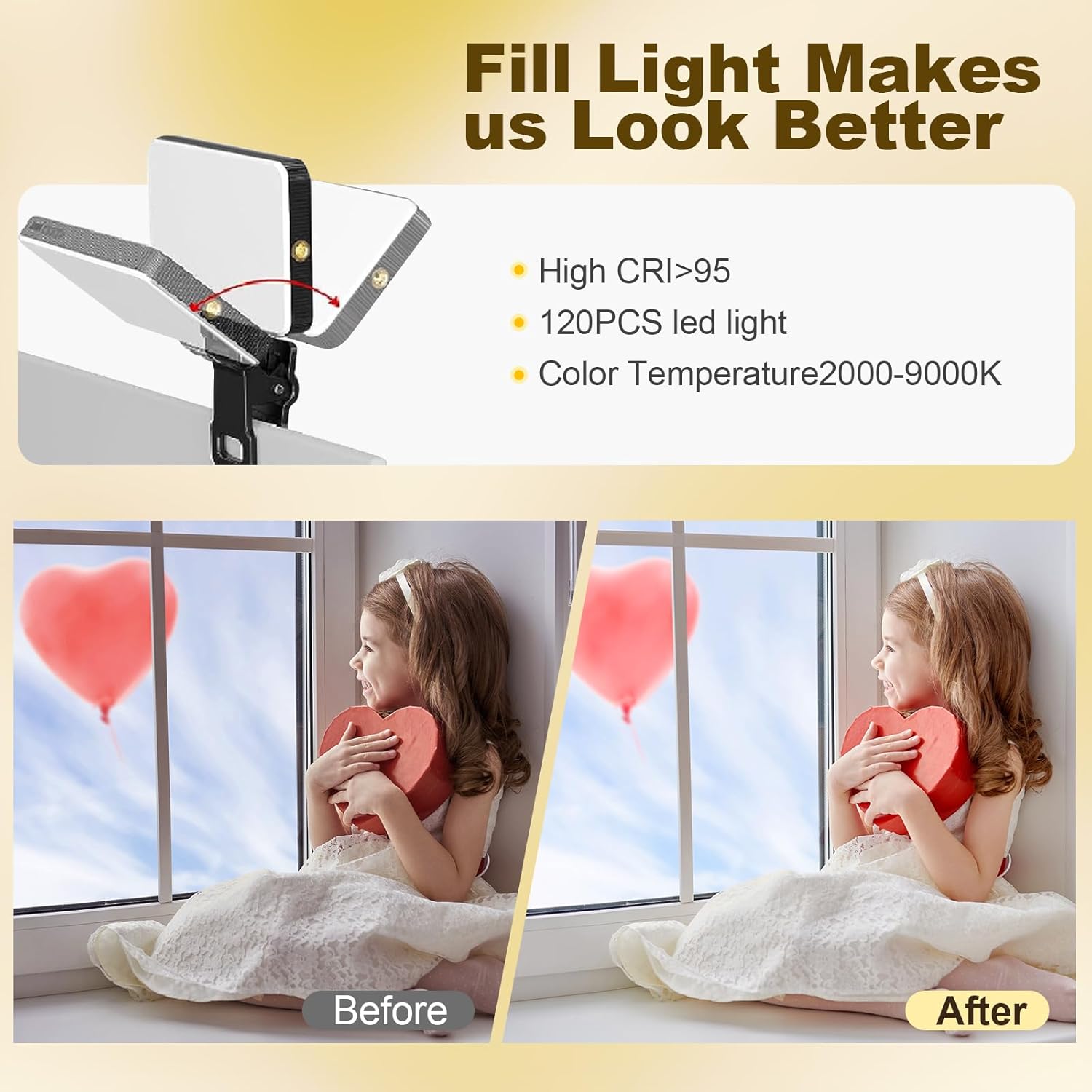 120 luces LED para selfie, 3000 mAh recargable luz LED portátil, luz de relleno en vivo para teléfonoportátilcámara con 3 temperaturas de color,
