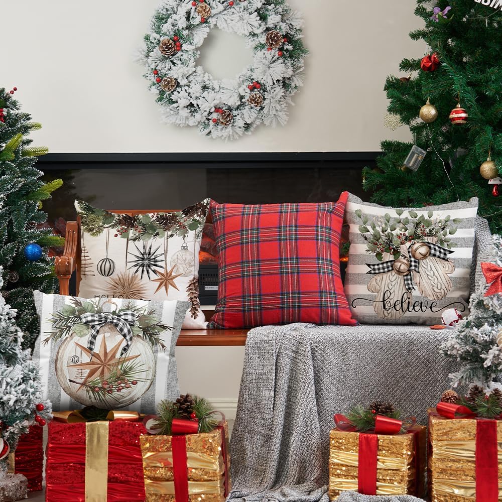 DFXSZ Juego de 4 fundas de almohada de Navidad de 20 x 20 pulgadas, guantes de árbol de Navidad, fundas decorativas de invierno a rayas, decoración