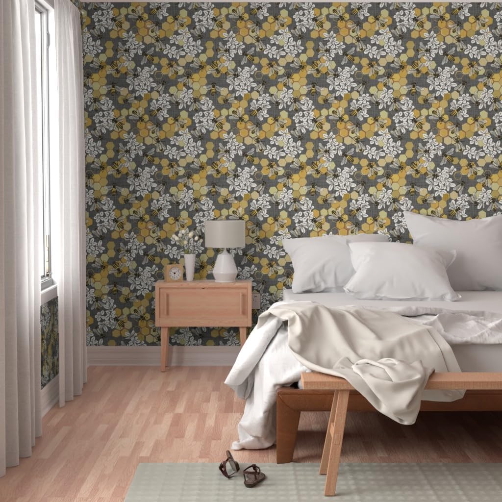 Spoonflower Papel tapiz autoadhesivo de 3 x 2 pies – Blanco Floral Naturaleza Insectos Amarillos Modernos Abejas Miel Gris Papel pintado extraíble