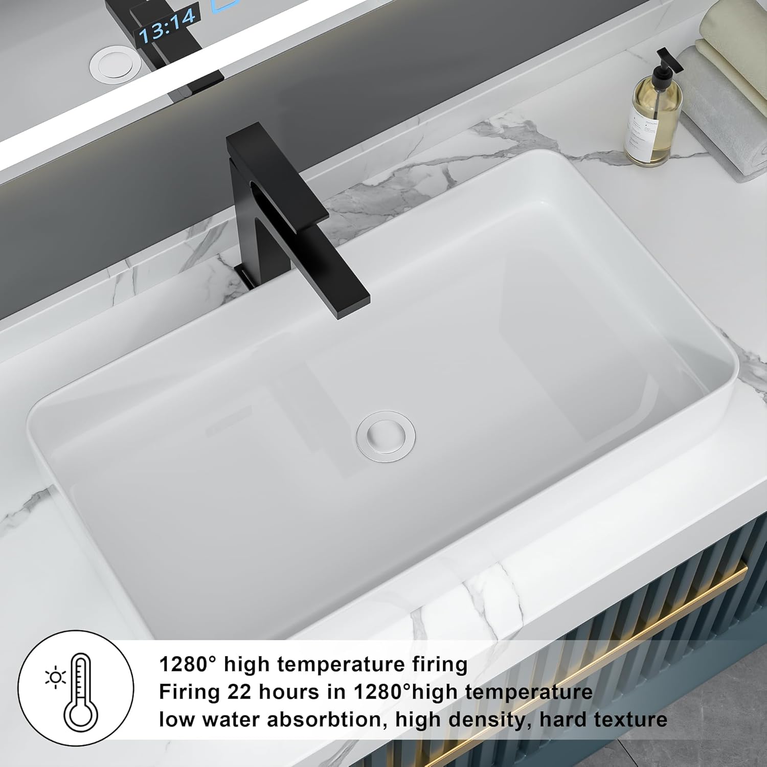 Fregadero rectangular de 24 x 14 pulgadas, lavabo rectangular de porcelana de cerámica blanca sobre mostrador