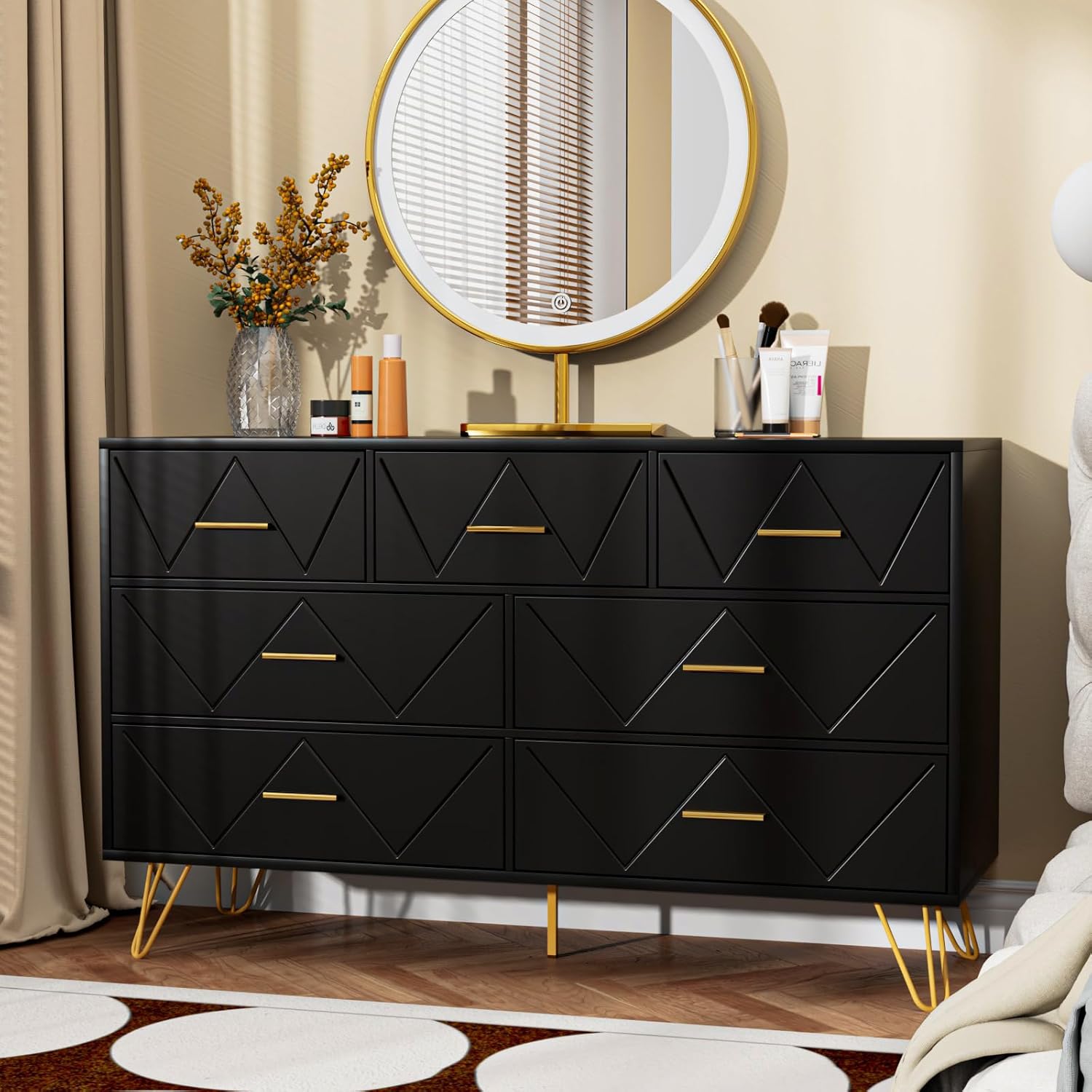 JOZZBY Cómoda para dormitorio, cómoda de 7 cajones, cómoda negra con asas doradas, cómodas modernas y cómodas, cómoda para niños, para dormitorio,