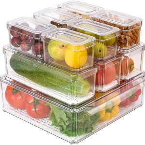 Contenedores organizadores apilables para refrigerador con tapas, organizadores y contenedores de almacenamiento, contenedores de plástico sin BPA Contenedores organizadores apilables para refrigerador con tapas, organizadores y contenedores de almacenamiento, contenedores de plástico sin BPA