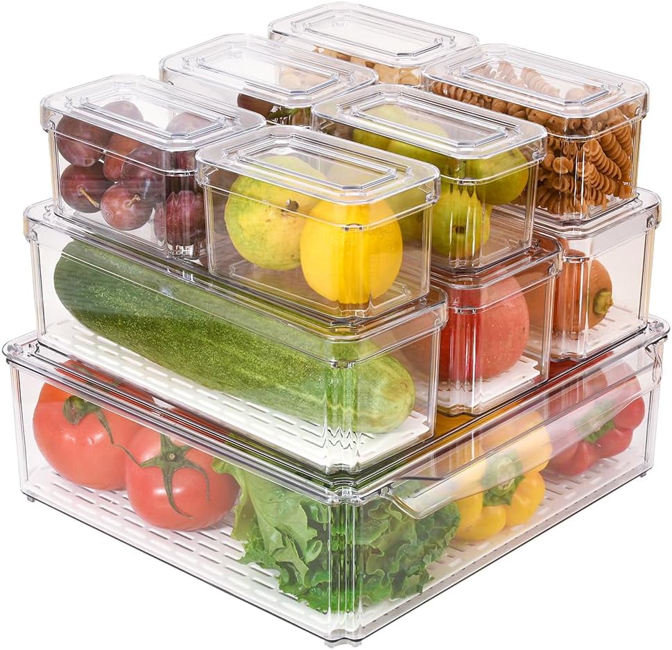 Contenedores organizadores apilables para refrigerador con tapas, organizadores y contenedores de almacenamiento, contenedores de plástico sin BPA