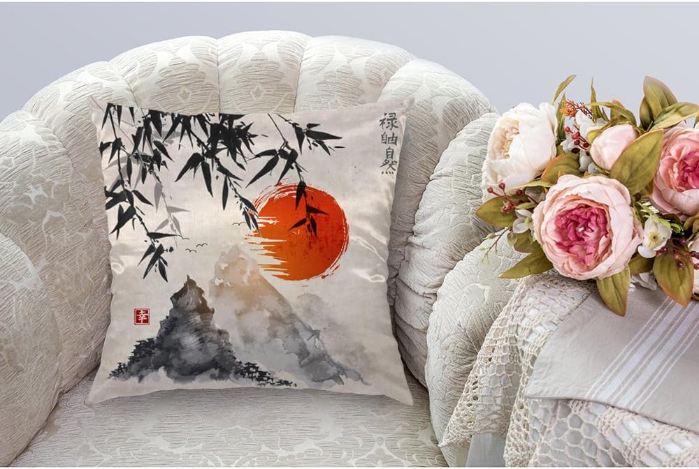 HGOD DESIGNS Funda de almohada de bambú, diseño de árboles de bambú japoneses, sol y montañas, funda de cojín cuadrada estándar decorativa para el