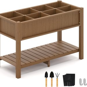 LUE BONA Cama de jardín elevada grande con herramientas y estante, 47 x 21 x 30 pulgadas, 8 bolsillos HDPS elevados para bricolaje con patas, sin LUE BONA Cama de jardín elevada grande con herramientas y estante, 47 x 21 x 30 pulgadas, 8 bolsillos HDPS elevados para bricolaje con patas, sin
