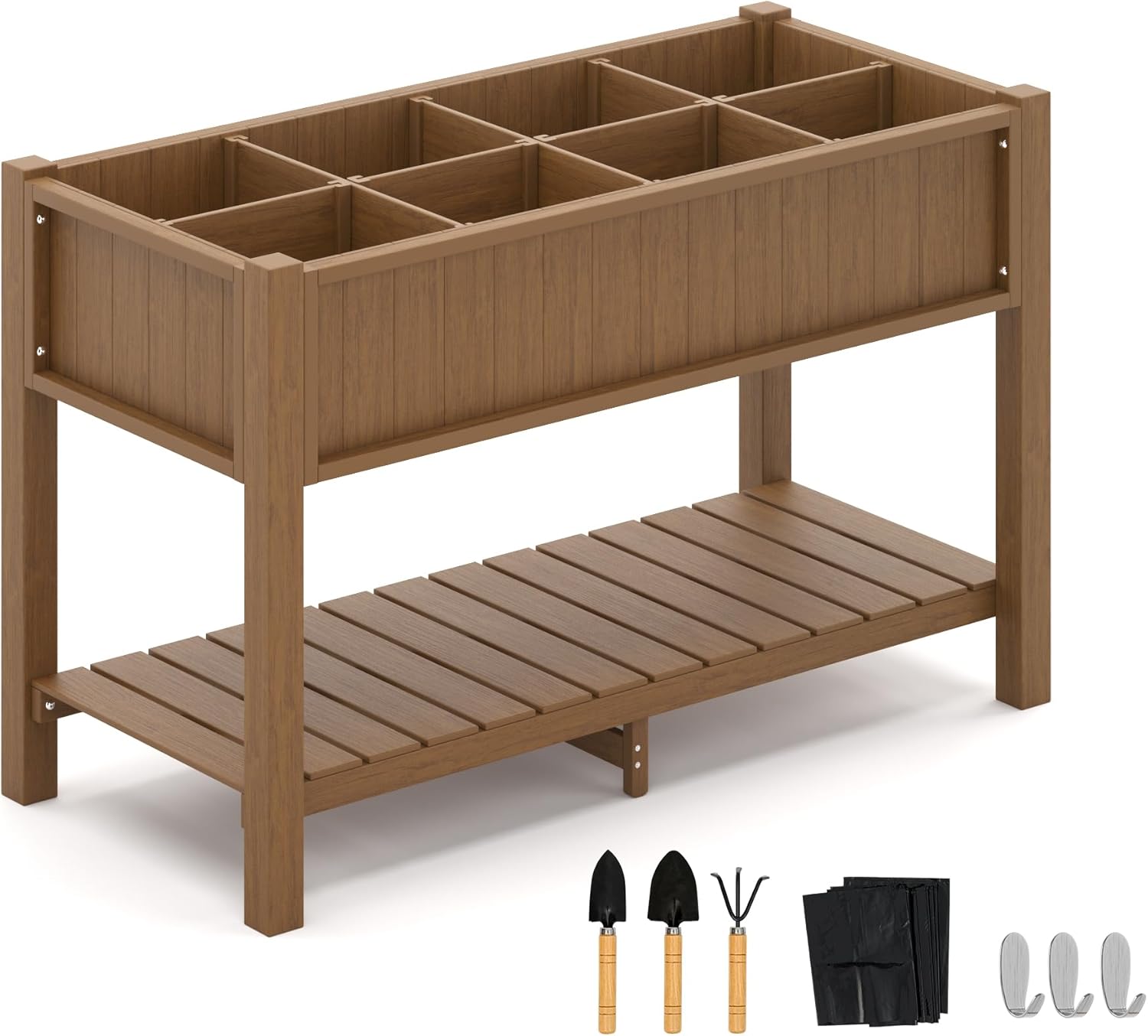 LUE BONA Cama de jardín elevada grande con herramientas y estante, 47 x 21 x 30 pulgadas, 8 bolsillos HDPS elevados para bricolaje con patas, sin