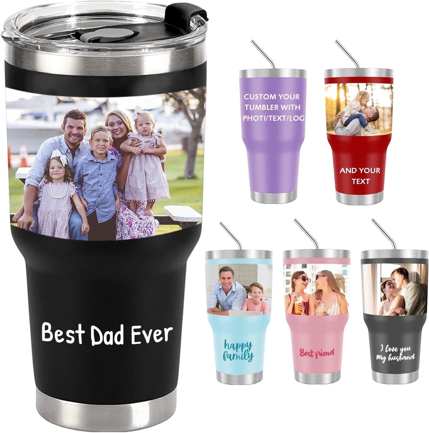 Vasos personalizados con imágenes, vaso de café de acero inoxidable con foto personalizada de 30 onzas con tapa de texto y pajitas, taza de viaje