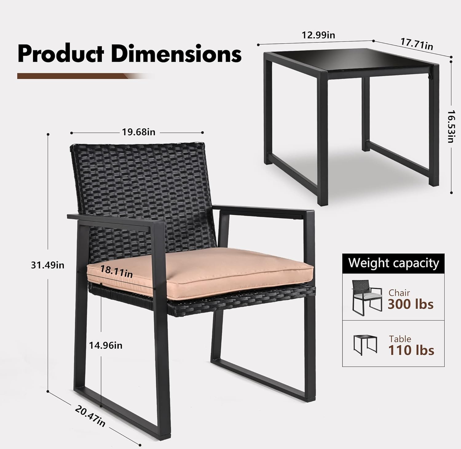 SUNLEI – Juego de muebles de mimbre para exteriores, 3 piezas, dos sillas y mesa auxiliar con vidrio, para café, color negro