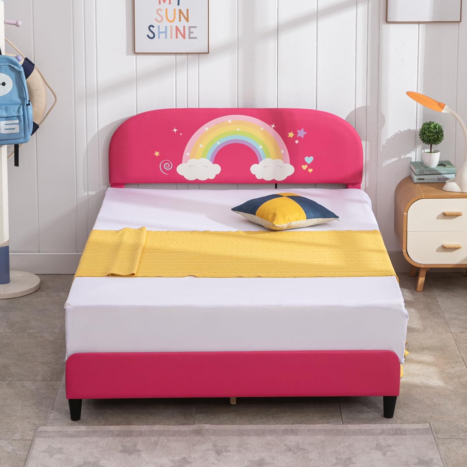 Zafly – Marco de cama matrimonial para niños, marco de cama infantil con cabecera tapizada, cabecera y estribo curvados, marco de cama de madera de