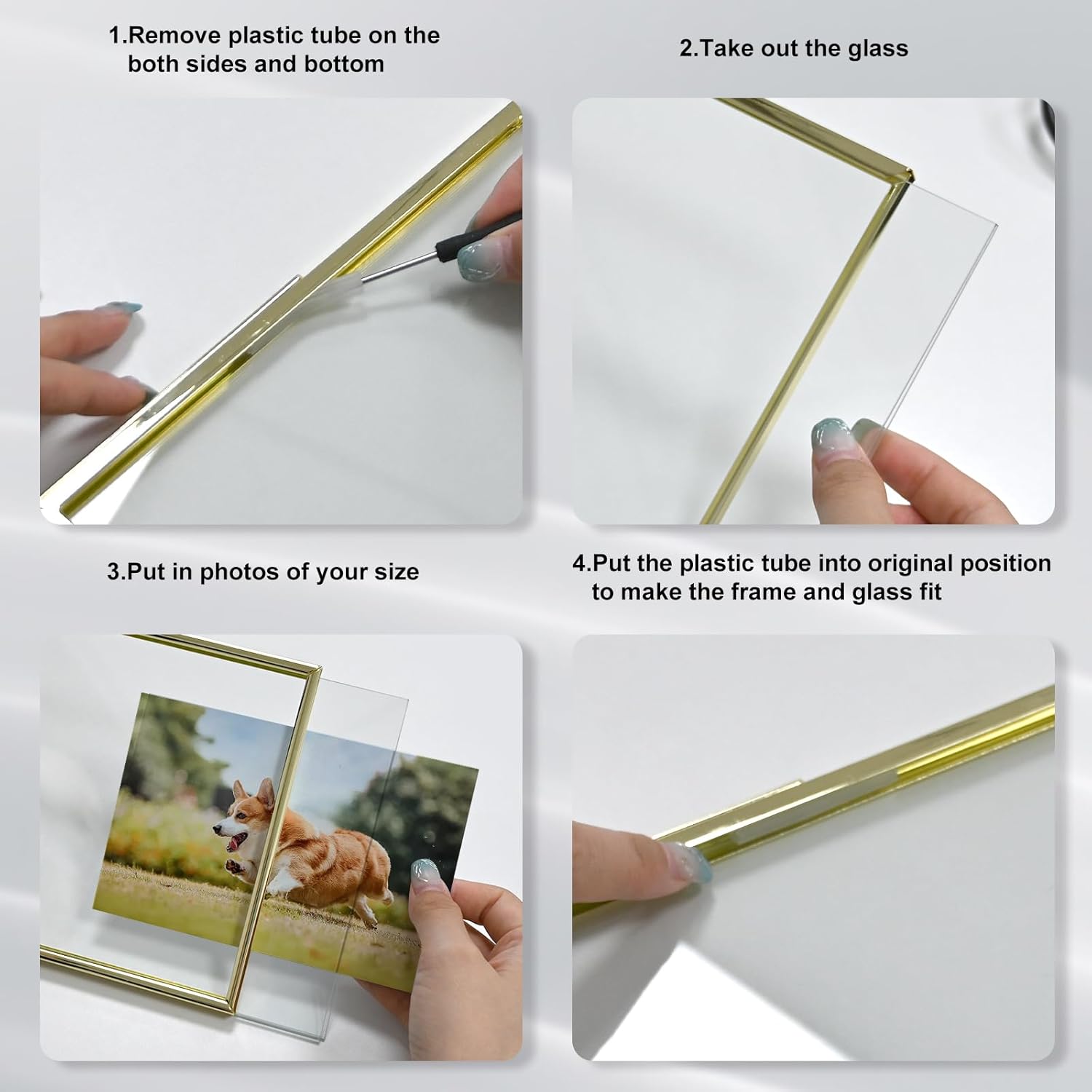 Juego de 3 marcos de fotos flotantes de metal dorado con vidrio para escritorio y mesa verticalmente, 4 x 4 pulgadas, 4 x 6 pulgadas, 5 x 7 pulgadas